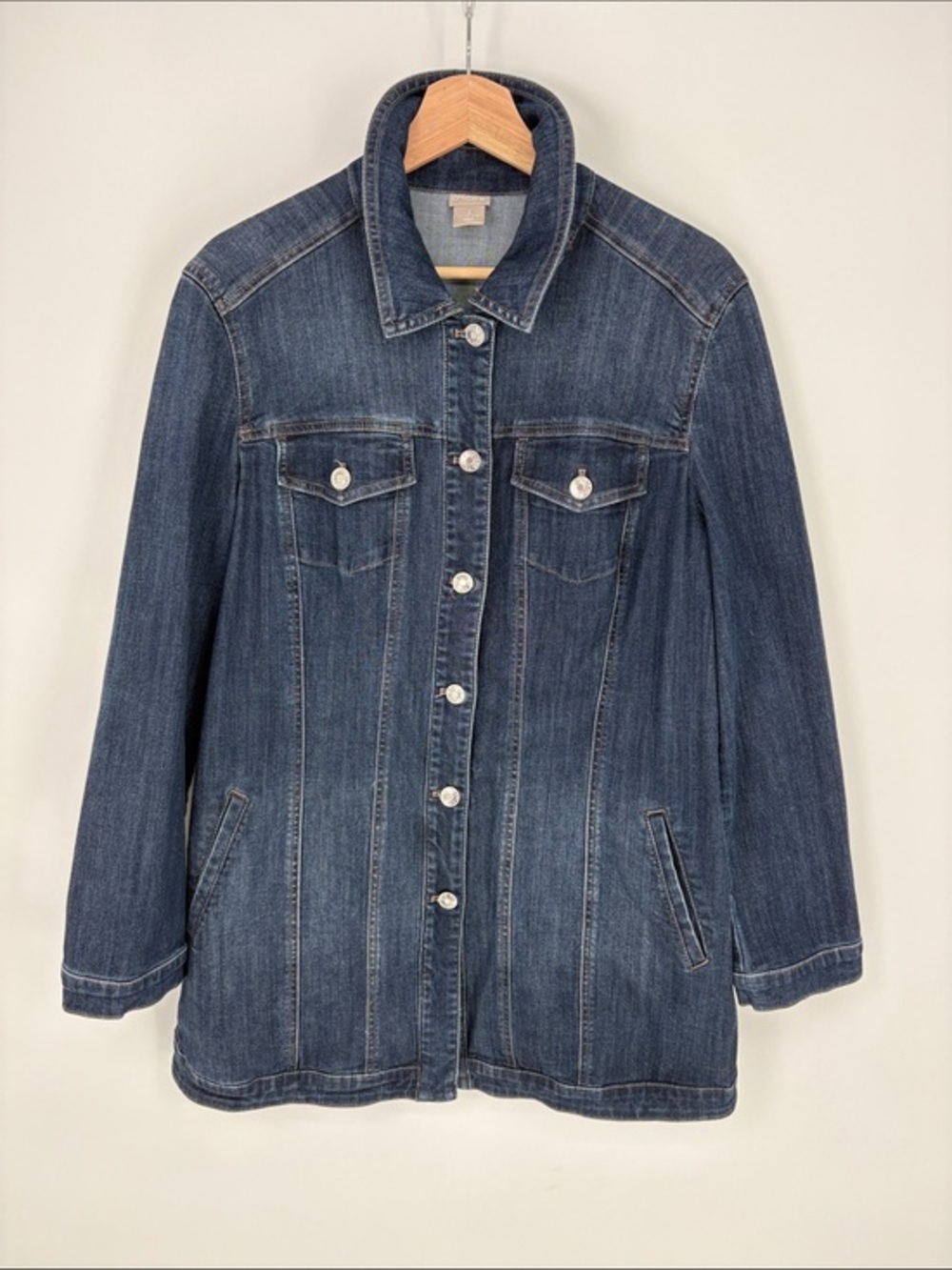 🍔 Chico's LONG Blue Denim Jacket